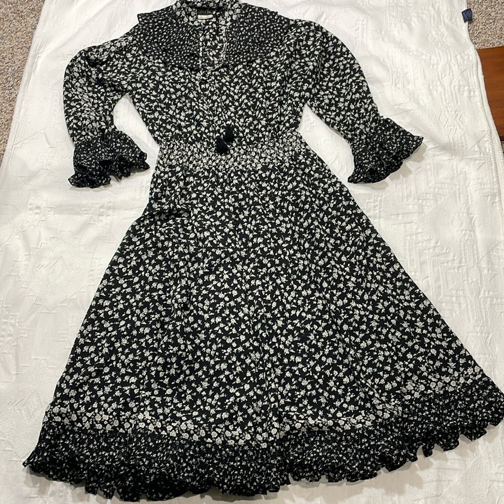 Vintage Diane Fres Floral Full Length Ruffle Flutter Dress BlackGray Cream/White - Picture 8 of 16